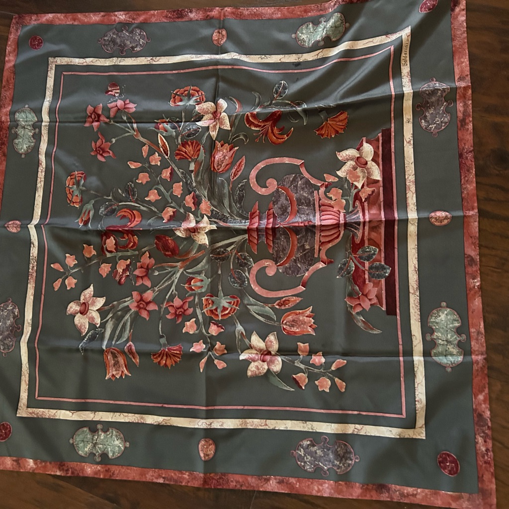 Floral Silk Scarf With Red And Green Accents Saldarini